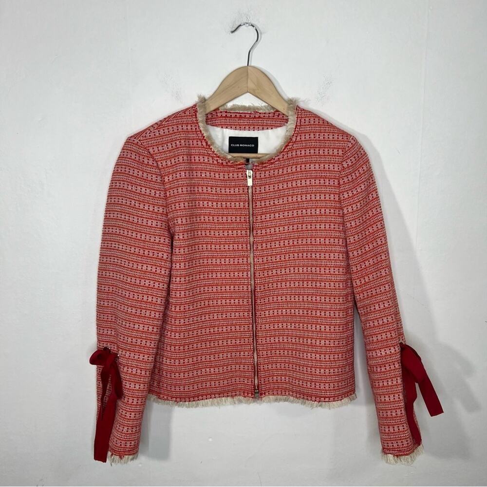 CLUB MONACO Parelle Manteaux Cropped  Tweed Zip Bow Sleeve Jacket Blazer Size 4